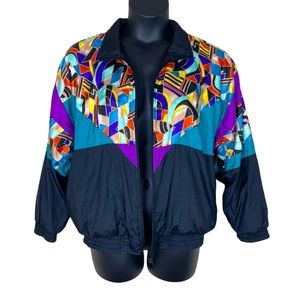 Bocoo Vintage 80s Oversized Nylon Windbreaker Abstract  Black Teal Purple Size M